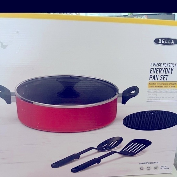 New BELLA 5-Pc. Nonstick Everyday set black and red cookware, frying pan - Picture 5 of 8